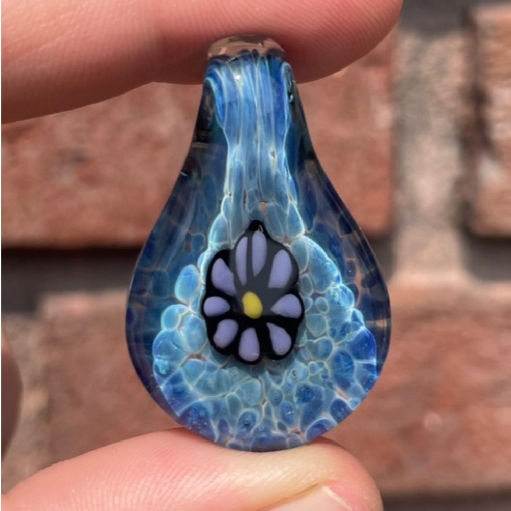 Blue Beauty Flower Disc Flip USA Artist Glass Pendant